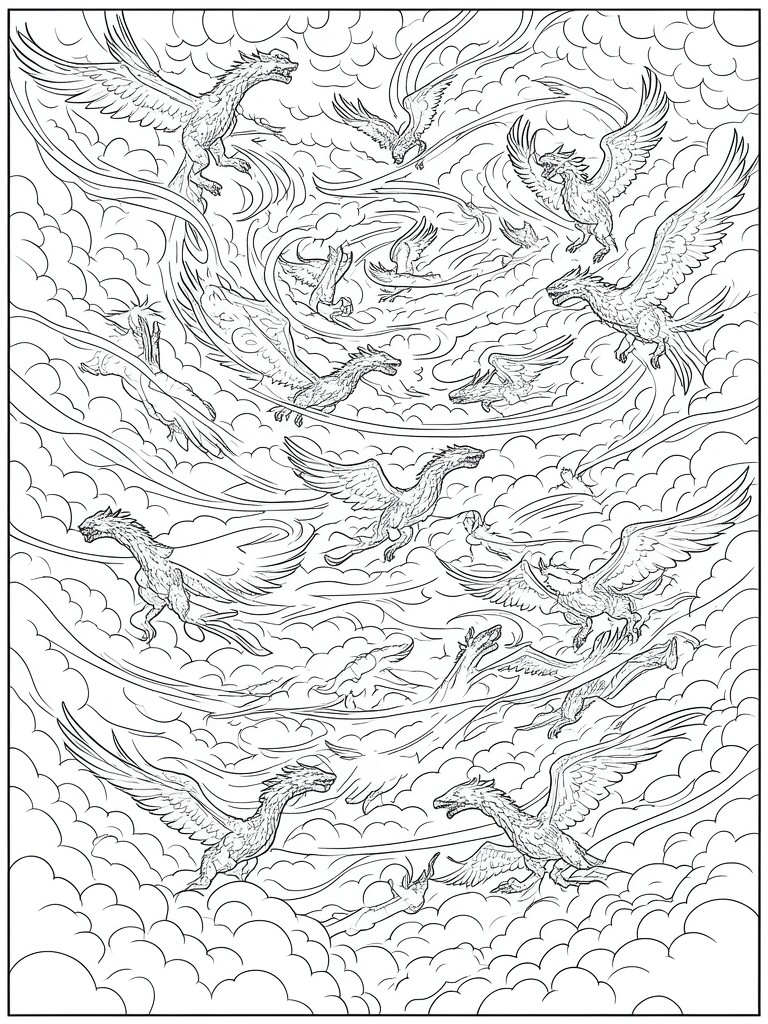 Detailed line art of many winged dragons flying among swirling clouds