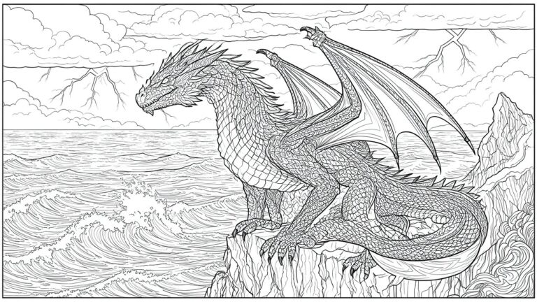 A black and white line drawing of a detailed dragon perched on a rocky cliff above ocean waves with mountains and clouds behind it.