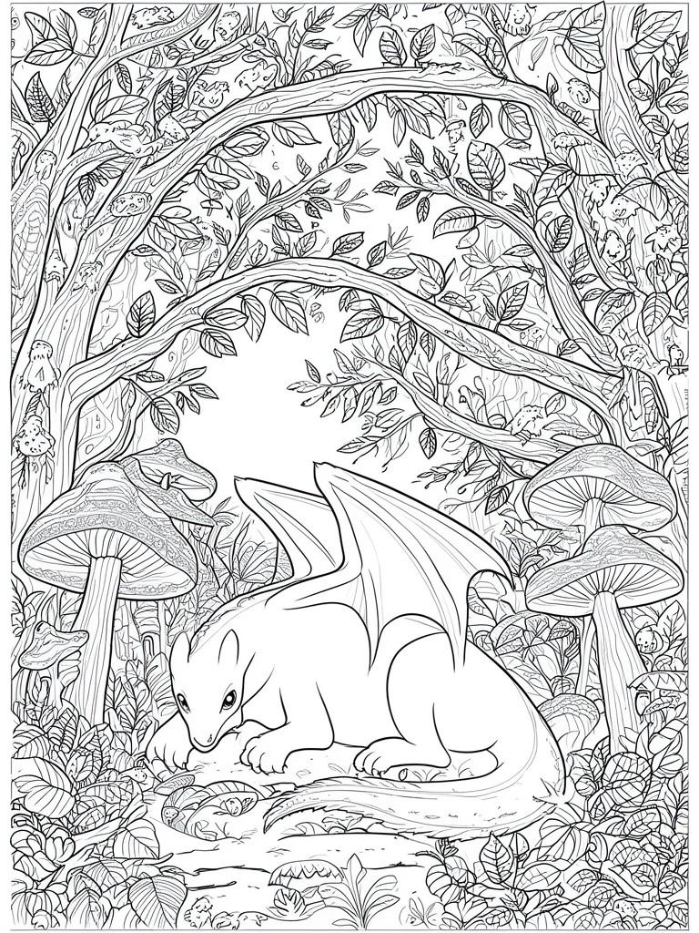 A black-and-white dragon rests among oversized mushrooms in a forest.