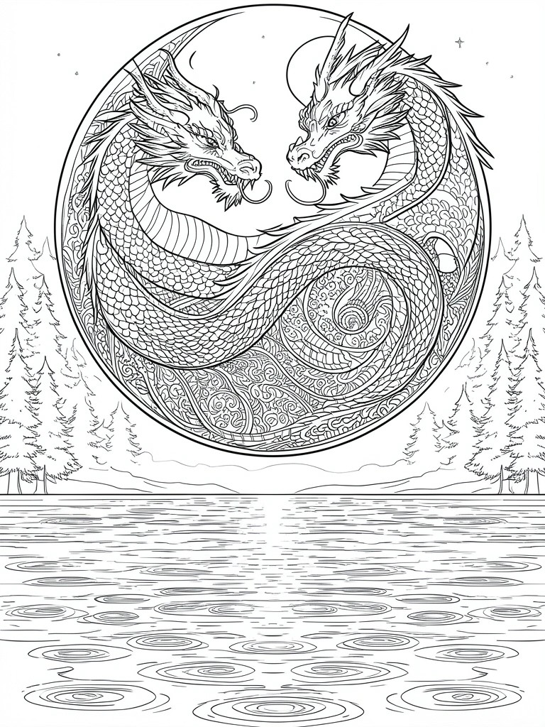 Two dragons coiled in a yin-yang circle above rippled water and pine trees.