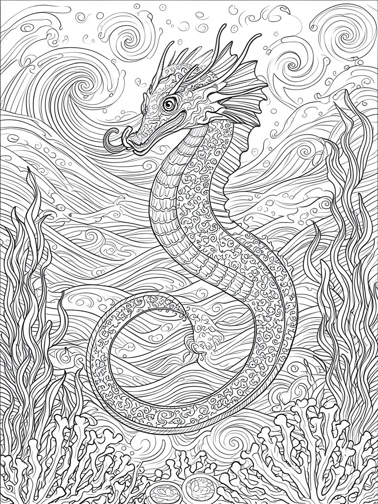 Intricate line art of a coiled seahorse dragon amid swirling ocean waves and coral.