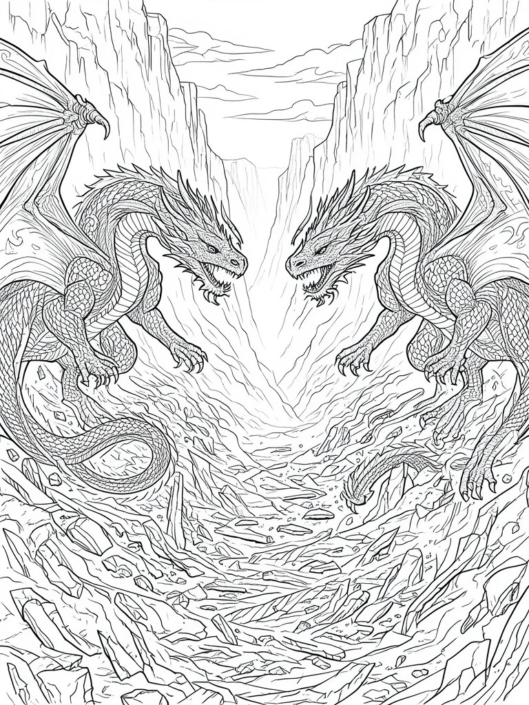 Two detailed dragons with wings spread face each other in a rocky canyon with cliffs and scattered boulders.