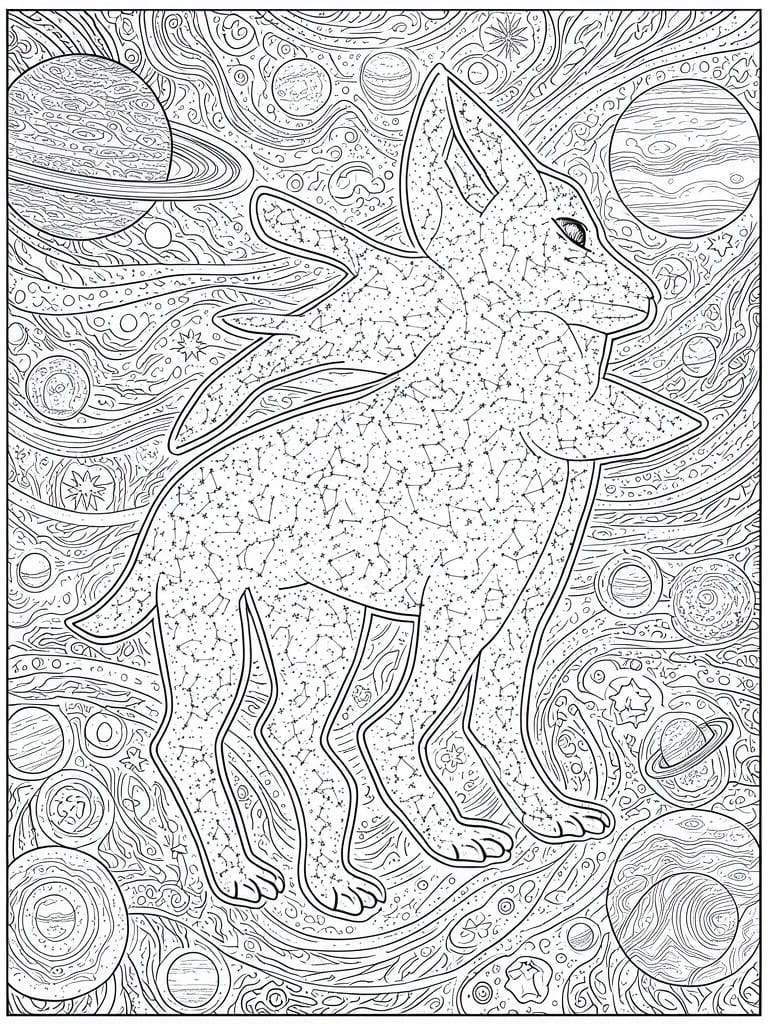 Constellation fox amid planets, stars, and swirling cosmic line art patterns