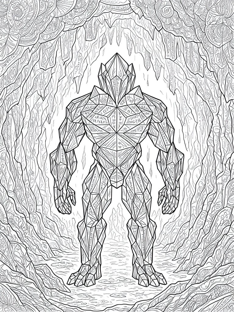 Geometric rune-covered crystal golem stands in an ornate stalactite cave.