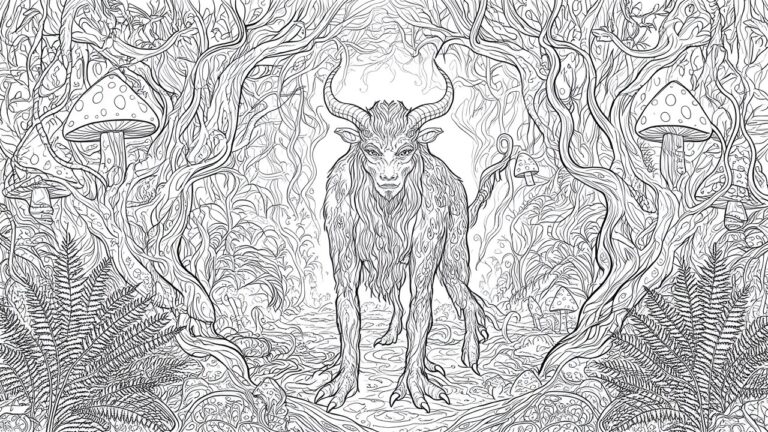 Horned mythical creature with long beard amid ferns and mushrooms in forest line art