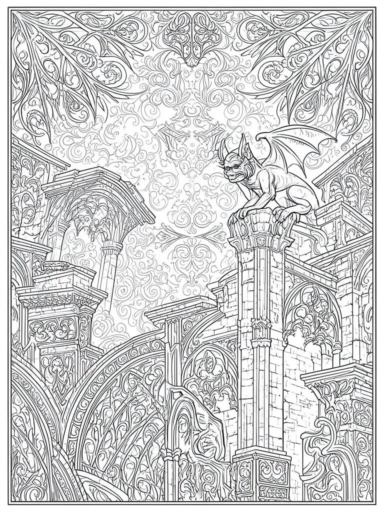 A black and white line drawing shows a winged gargoyle perched on a column surrounded by gothic arches, pillars, and swirling decorative patterns.