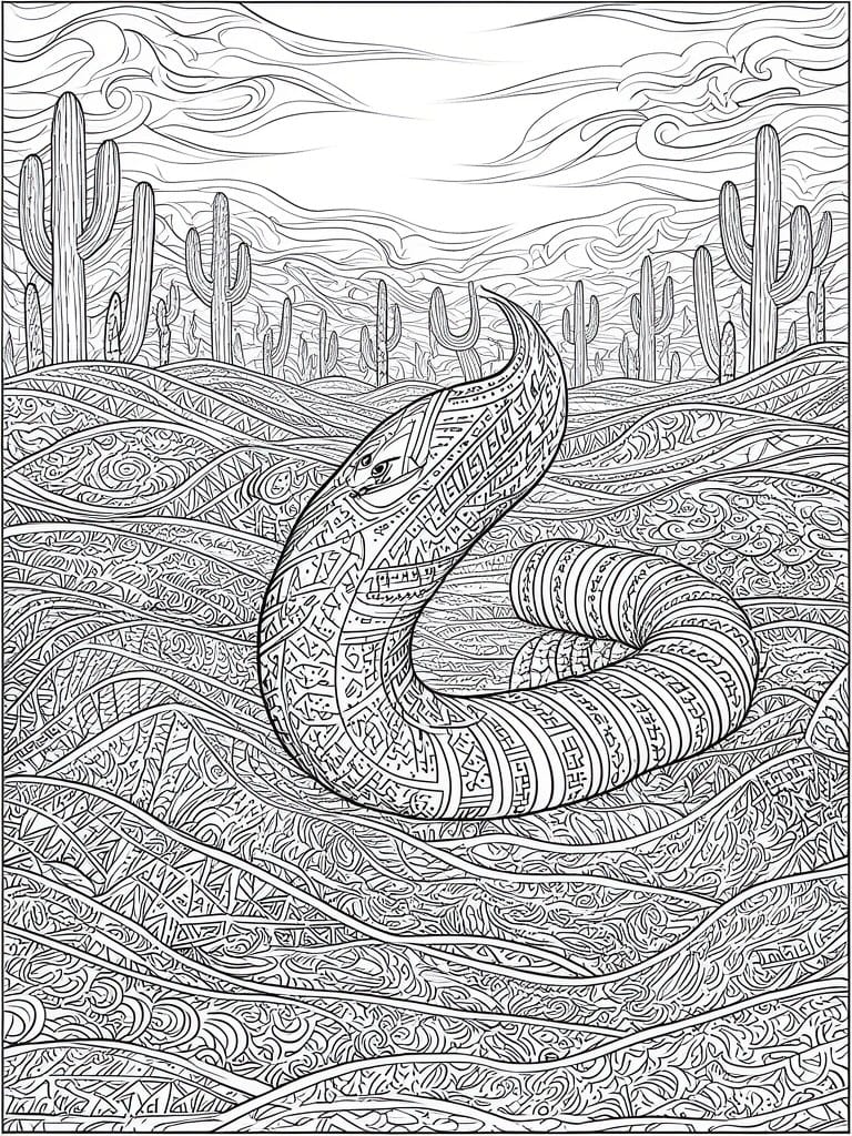 Coiled patterned snake in intricate black-and-white desert scene with cacti and dunes.