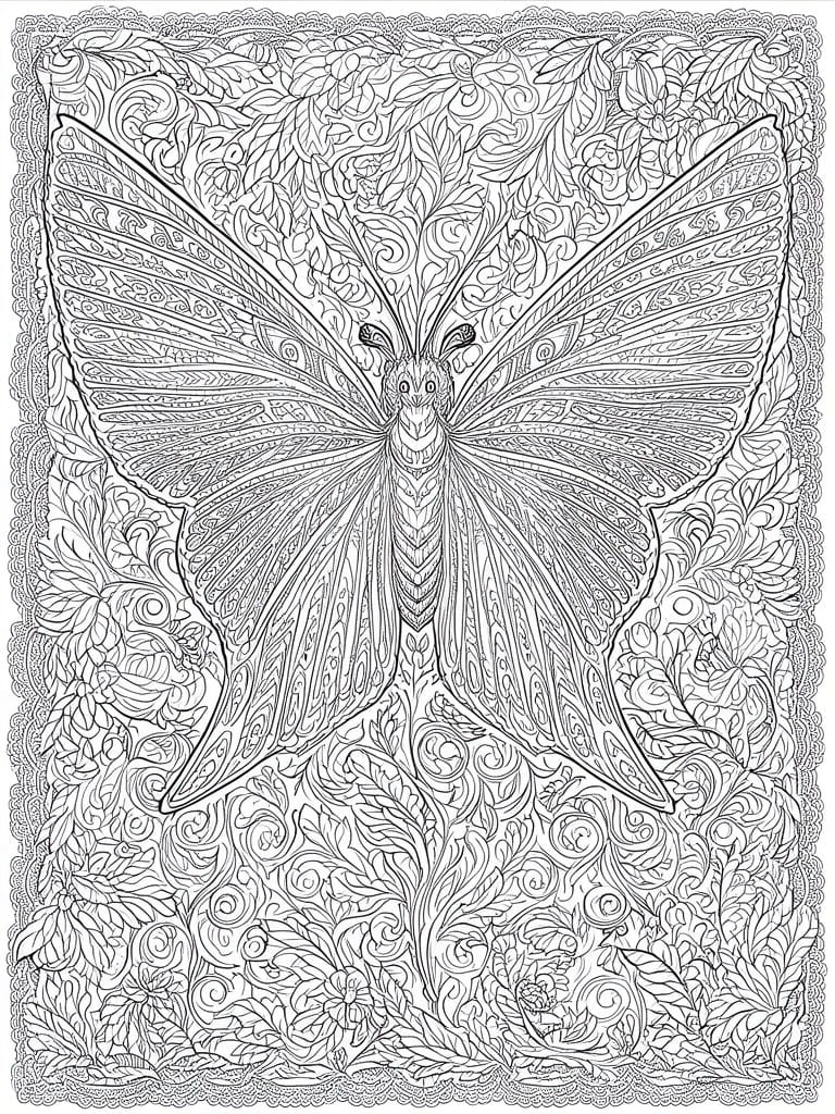 A black and white coloring page of a large butterfly with a face, detailed patterned wings, and a background of leaves and flowers.