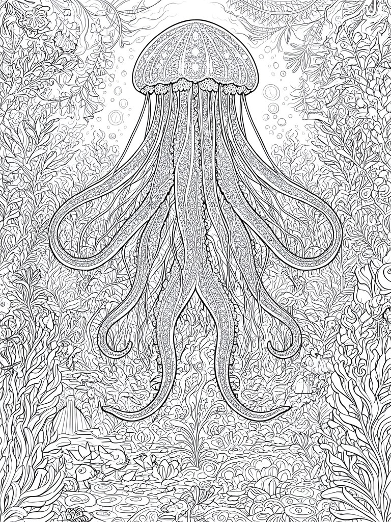 Detailed black-and-white line art of a jellyfish amid coral reefs, plants, and fish