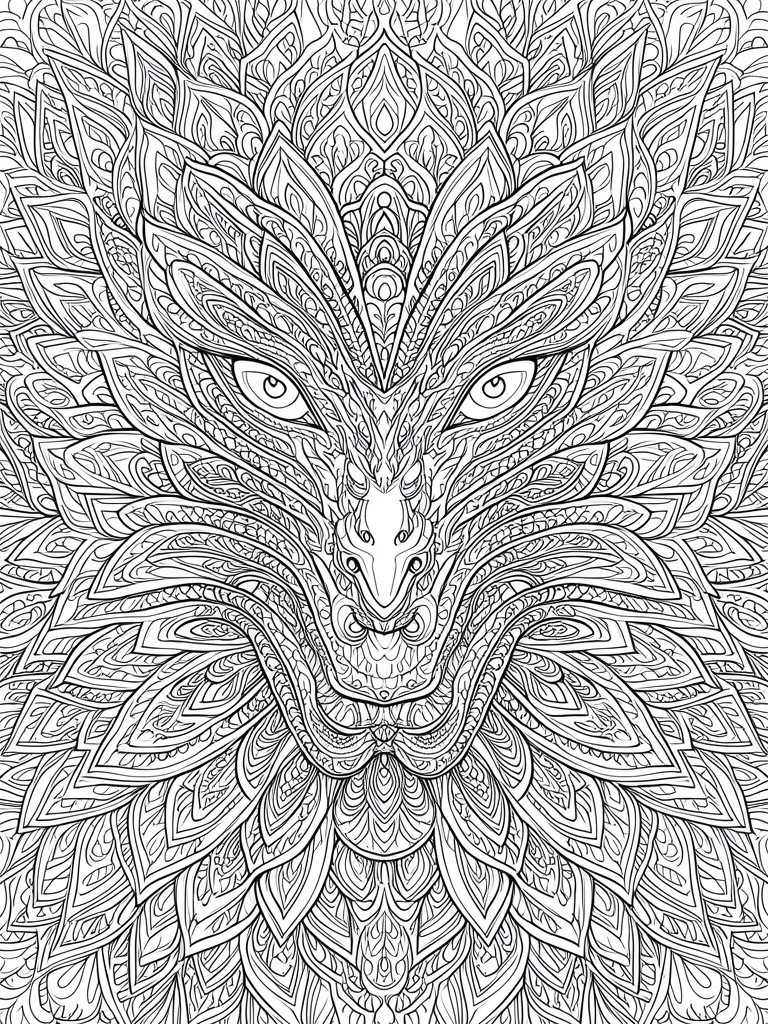 Intricate black-and-white mandala line art of a fierce wolf face with ornate patterns