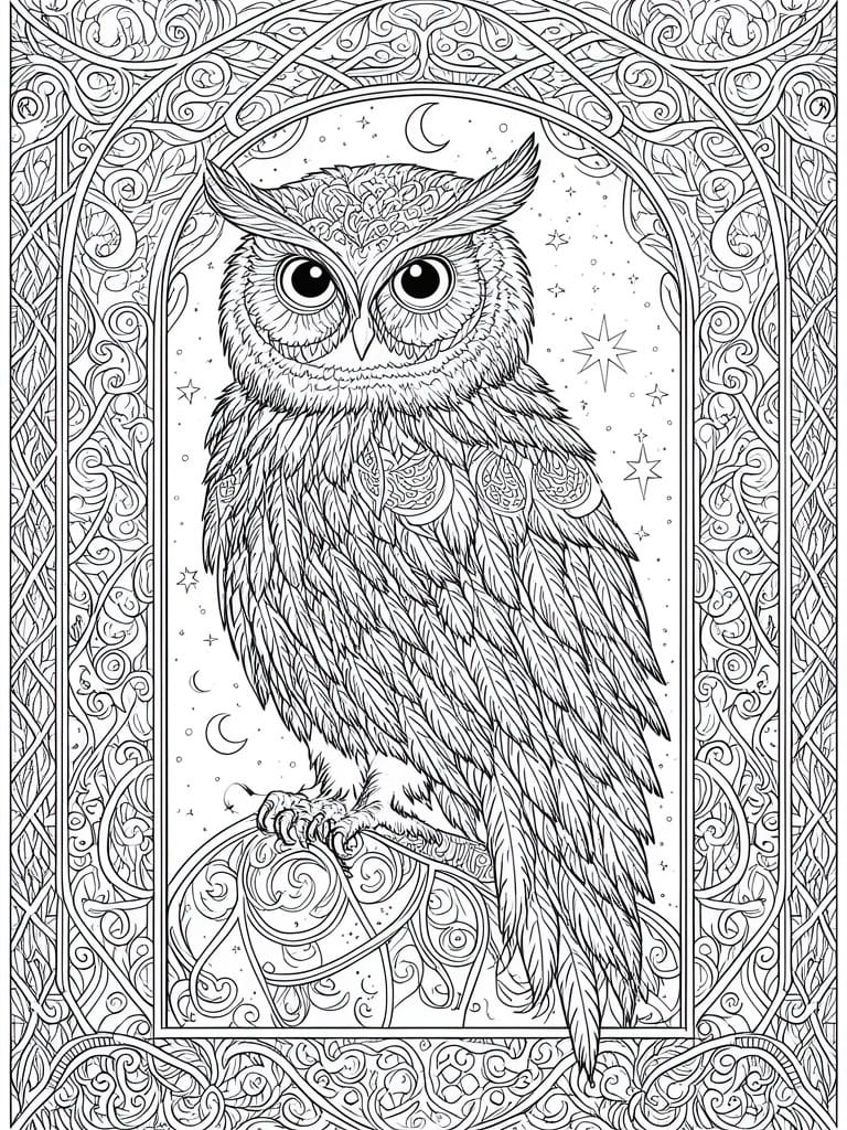 Ornate black-and-white line art of a detailed owl amid stars and crescent moons in a decorative frame.