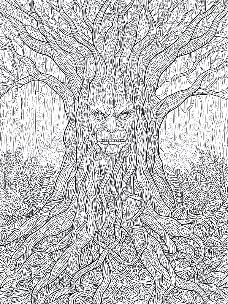 A black and white line drawing shows a large tree with an angry monster face, twisting branches, and tangled roots in a forest setting.
