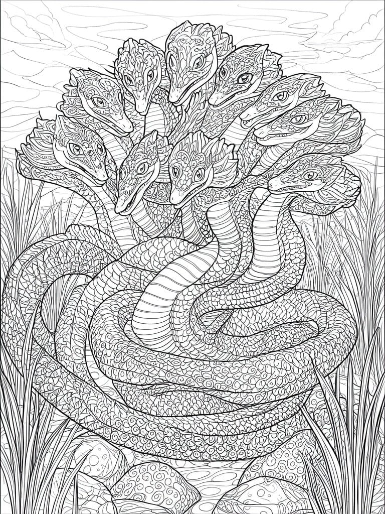 A black and white line drawing of a multi-headed snake monster coiled on rocks with grass in the background.