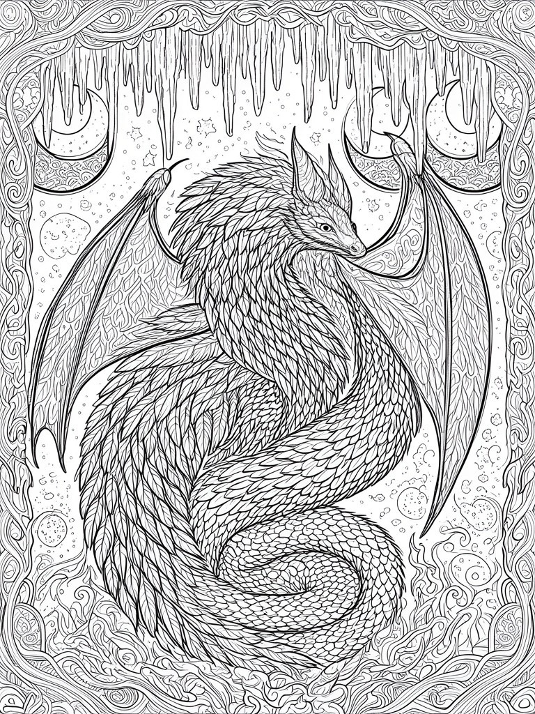 A black and white line drawing of a detailed winged dragon coiled in the center with moons, stars, and an ornate icicle border.