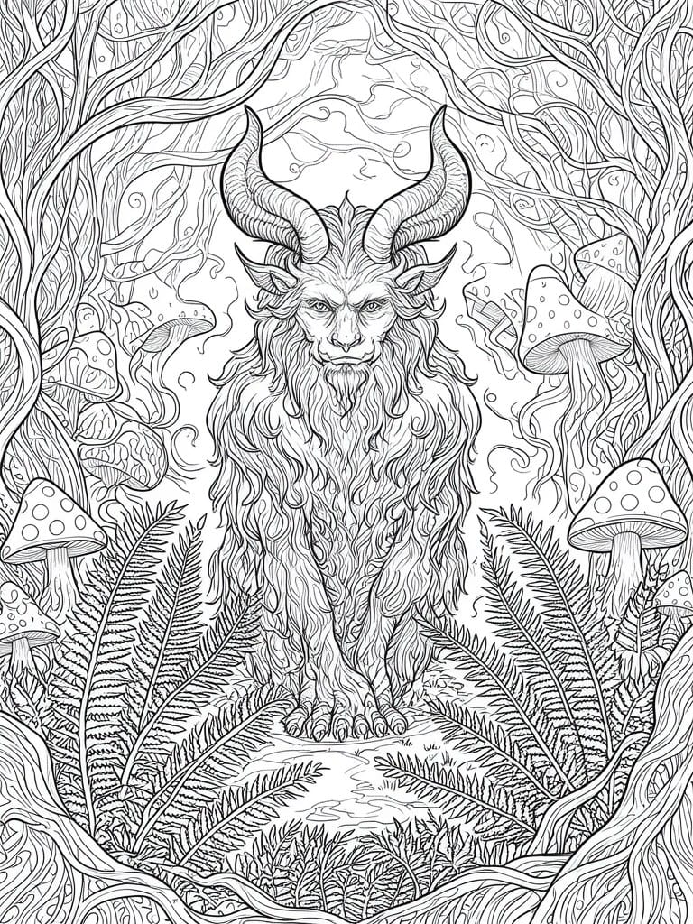 Horned mythical creature with long beard amid ferns and mushrooms in forest line art