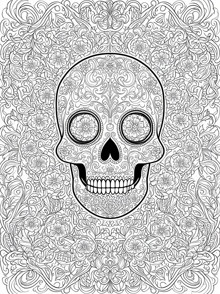 Coloring page of a decorated skull with flower patterns inside and a dense floral background.