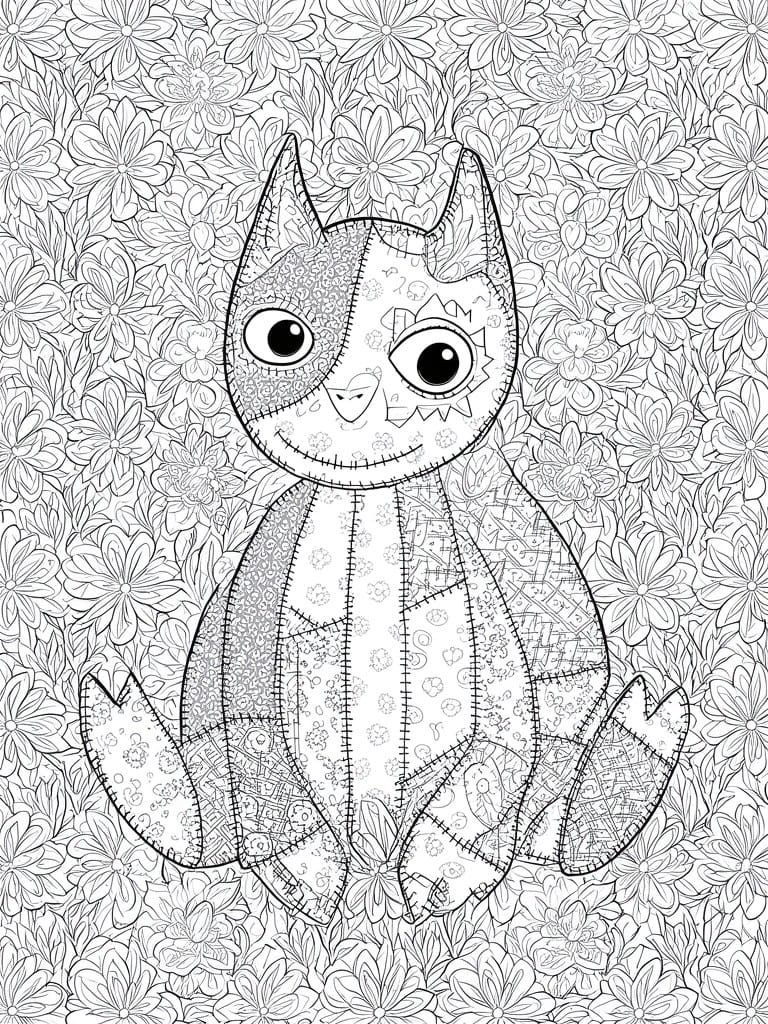 Patchwork stitched cat with big eyes seated amid dense floral line drawings