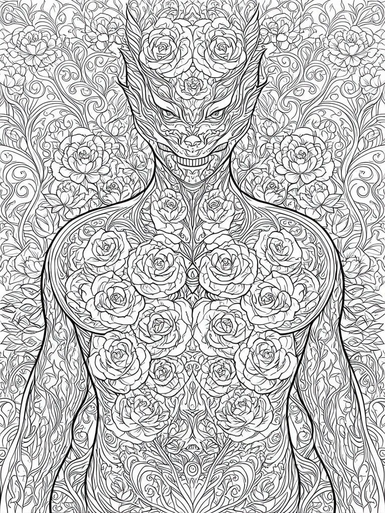 A black and white line drawing of a monstrous humanoid figure with a dragon-like face covered in roses against a dense floral background.