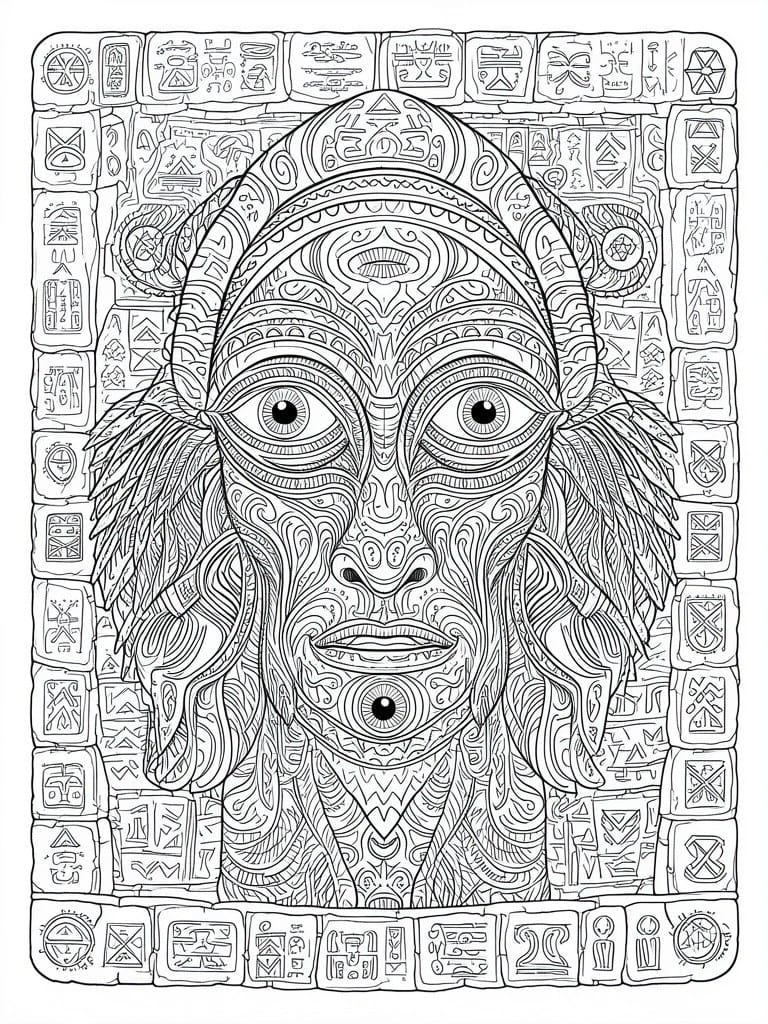 A black and white line drawing of an intricately patterned monster face with large eyes and a headpiece, surrounded by a border of ancient symbols and glyphs.