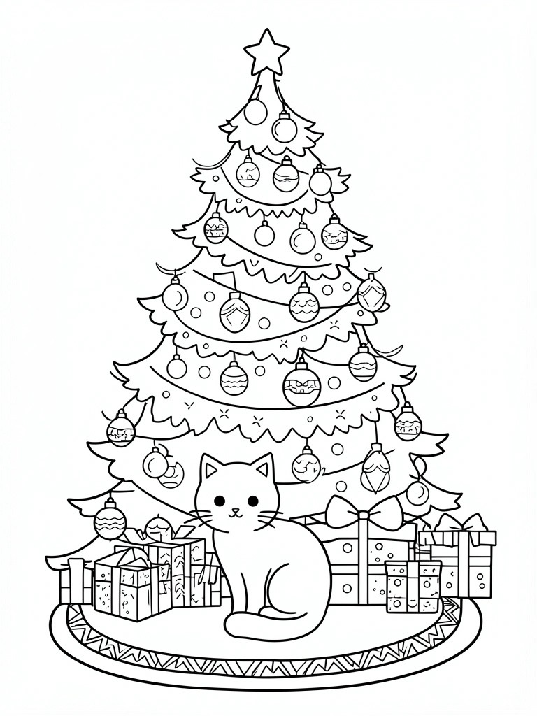 Cat sitting among wrapped gifts under a decorated Christmas tree with star topper