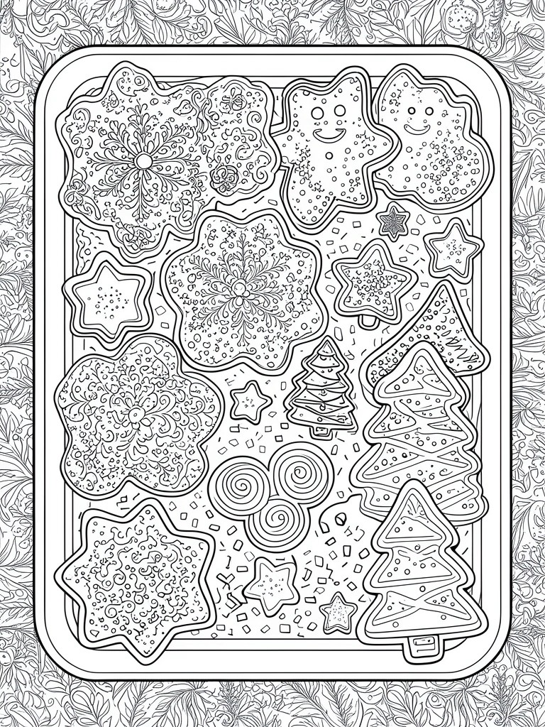 A top-down coloring page shows various Christmas cookie shapes on a baking tray including snowflakes, stars, trees, gingerbread figures, and swirls with patterns inside each one.