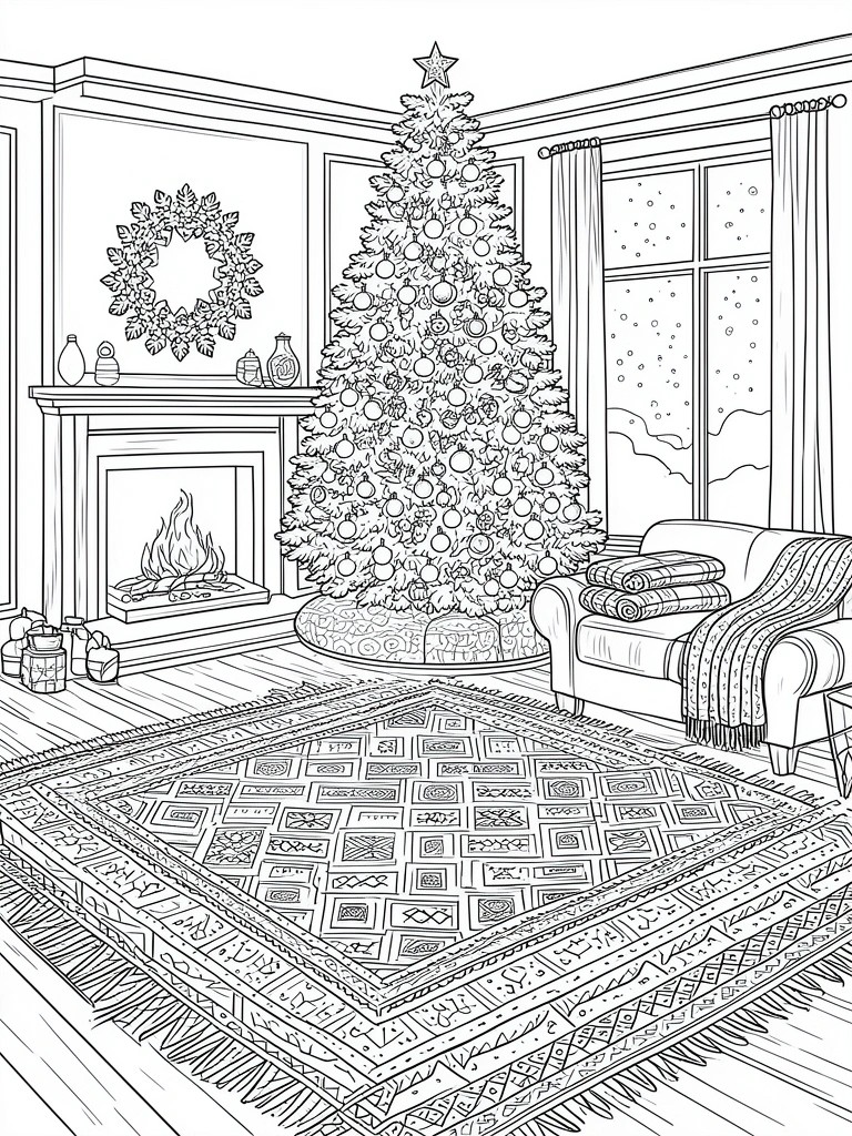 Black and white line drawing of a decorated Christmas tree in a living room with fireplace, armchair, patterned rug, and window.