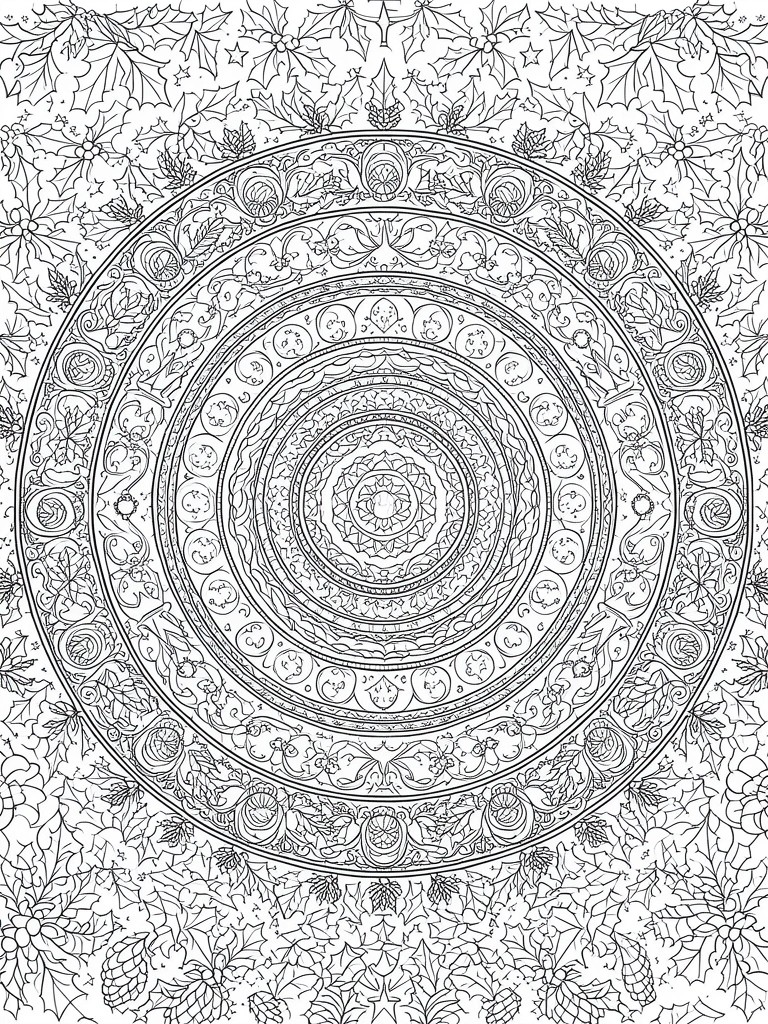 A black and white coloring page featuring a central mandala with concentric patterned rings surrounded by a border of holly leaves, berries, and pinecones.