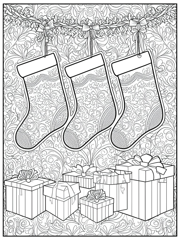 Three hanging Christmas stockings above wrapped gifts on ornate patterned background.