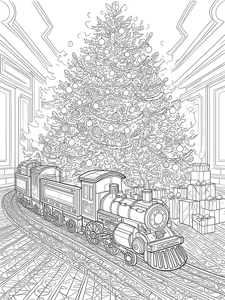A line drawing shows a toy train on tracks circling the base of a decorated Christmas tree with gift boxes nearby.