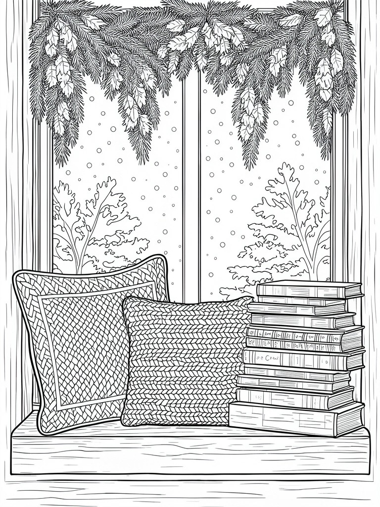A black and white line drawing of a Christmas windowsill scene with garland, pillows, books, and snow falling outside.