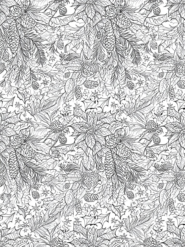 A black and white line drawing filled with poinsettias, pinecones, holly leaves, and evergreen branches in a dense repeating pattern.