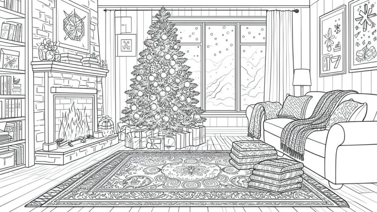 20 Creative Printable Christmas Coloring Sheets for Cozy Holiday Relaxation Black and white line drawing of a decorated Christmas tree in a living room with fireplace, armchair, patterned rug, and window.