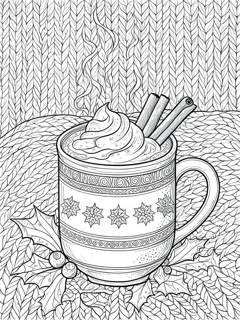 Steaming festive mug with whipped cream, cinnamon sticks, and holly on knitted background.