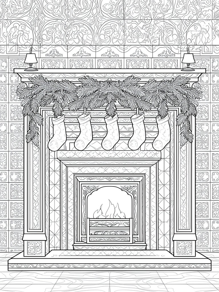 A black and white line drawing of a Christmas fireplace with five stockings hanging from the mantel, garland across the top, and a lit fire in the hearth against a patterned tile background.