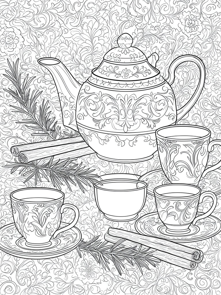 Ornate teapot with teacups, cinnamon sticks, and pine branches on floral background