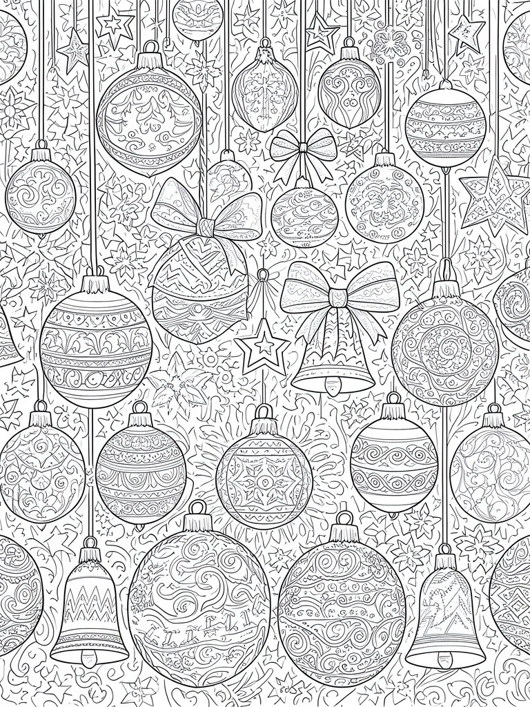 A black and white coloring page showing many hanging Christmas ornaments decorated with patterns along with bows, bells, and stars on a background of snowflakes.