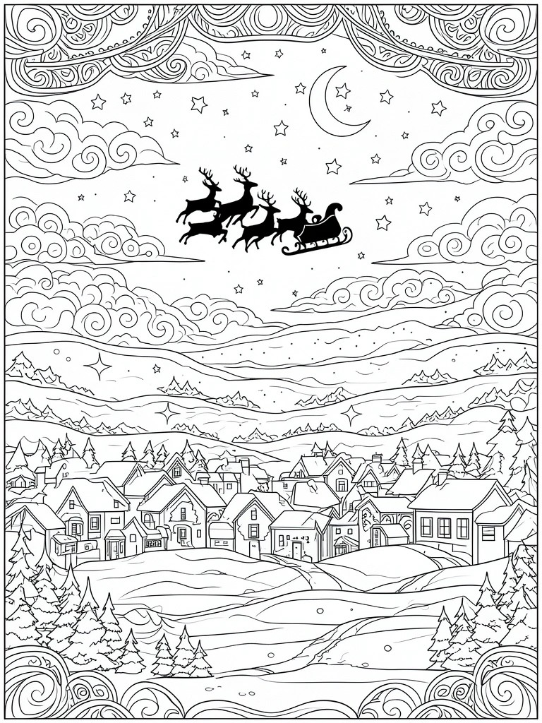A black and white coloring page showing Santa's sleigh with reindeer flying over a village at night with stars, a moon, clouds, houses, trees, and mountains.