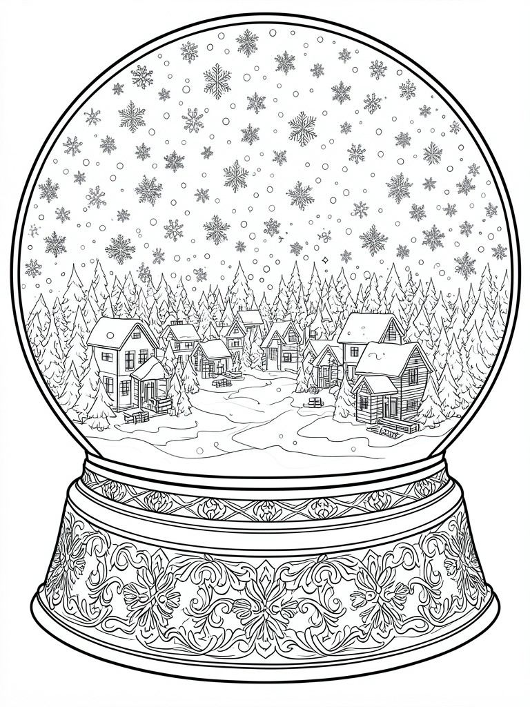 A black and white line drawing of a snow globe with a village of houses and trees inside, snowflakes falling throughout, and an ornate patterned base.