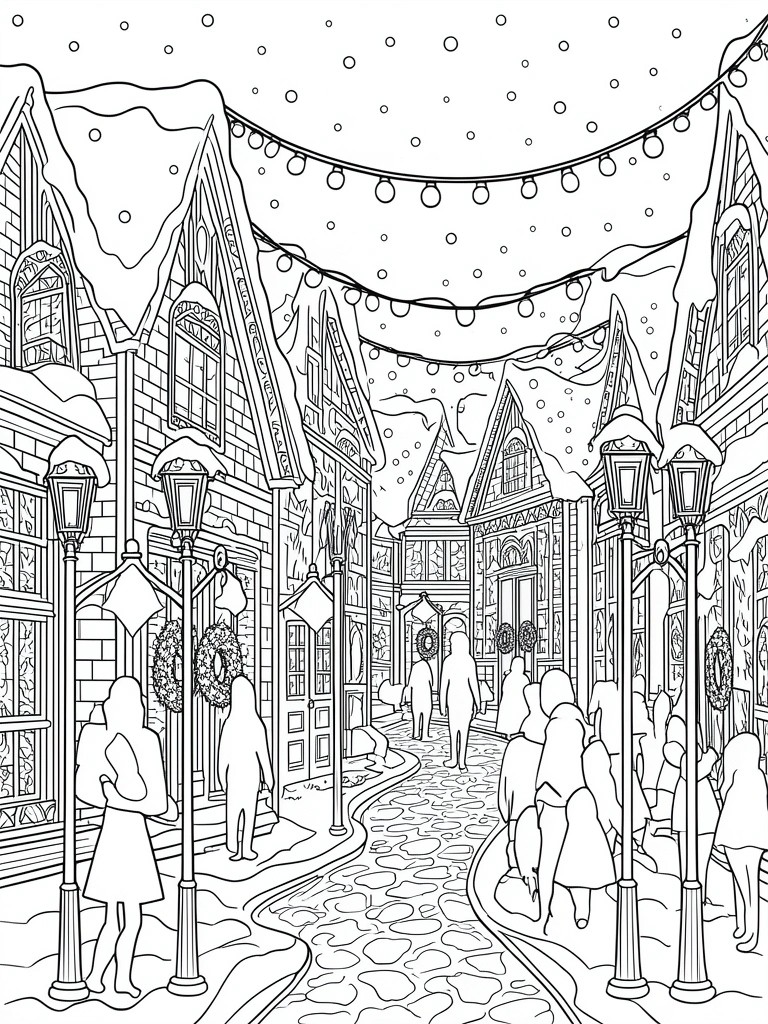 Black-and-white line drawing of snowy festive village street with walking figures and decorations.
