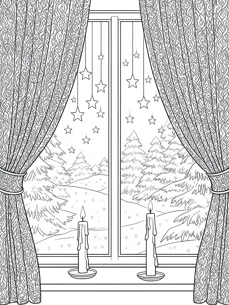 A black and white line drawing of a window with ornate curtains, hanging stars, two candles on the sill, and a snowy mountain and tree landscape visible outside.