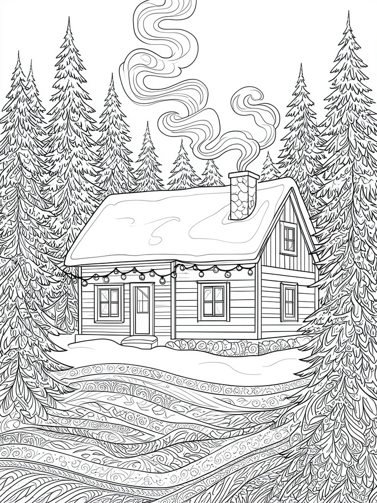 A line drawing of a snow-covered cabin in a pine forest with smoke from the chimney, string lights, and patterned snow in the foreground.