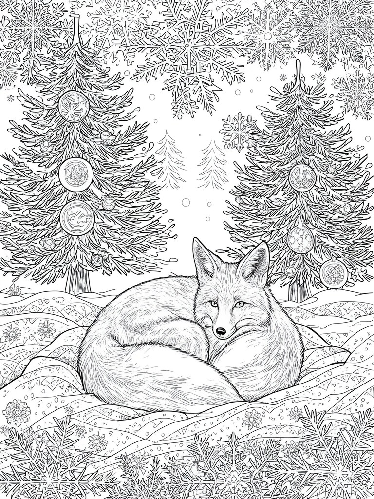 Fox curled in snow between decorated Christmas trees under large snowflakes.