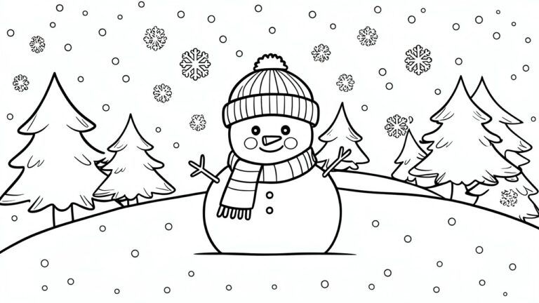 Coloring page of snowman in hat and scarf with snowy trees and falling flakes