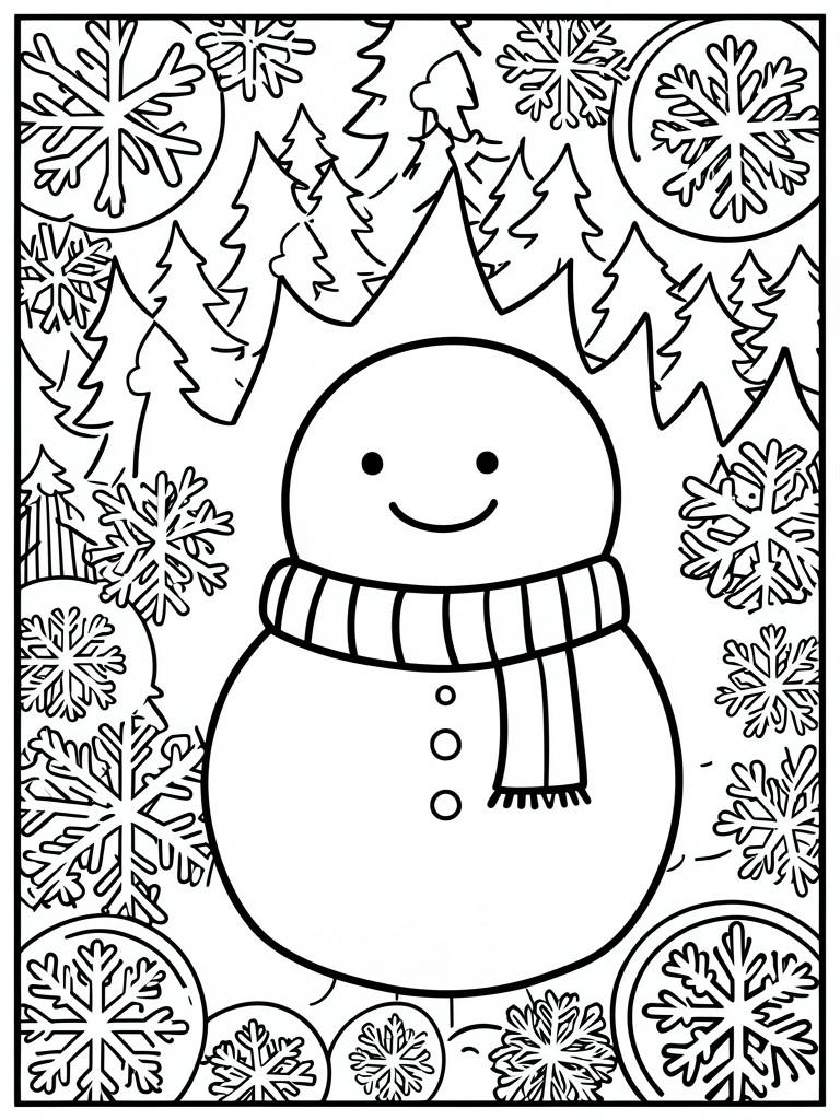 A black and white coloring page shows a smiling snowman with a striped scarf in the center, surrounded by pine trees and various snowflake designs including some in circles.