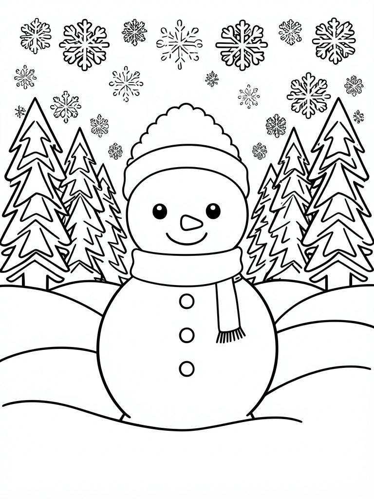 A black and white coloring page shows a snowman with hat and scarf in the center, pine trees on both sides, snow on the ground, and snowflakes above.
