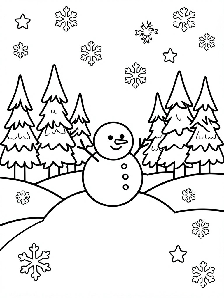 A black and white line drawing of a snowman standing in snow with pine trees, snowflakes, and stars around it.