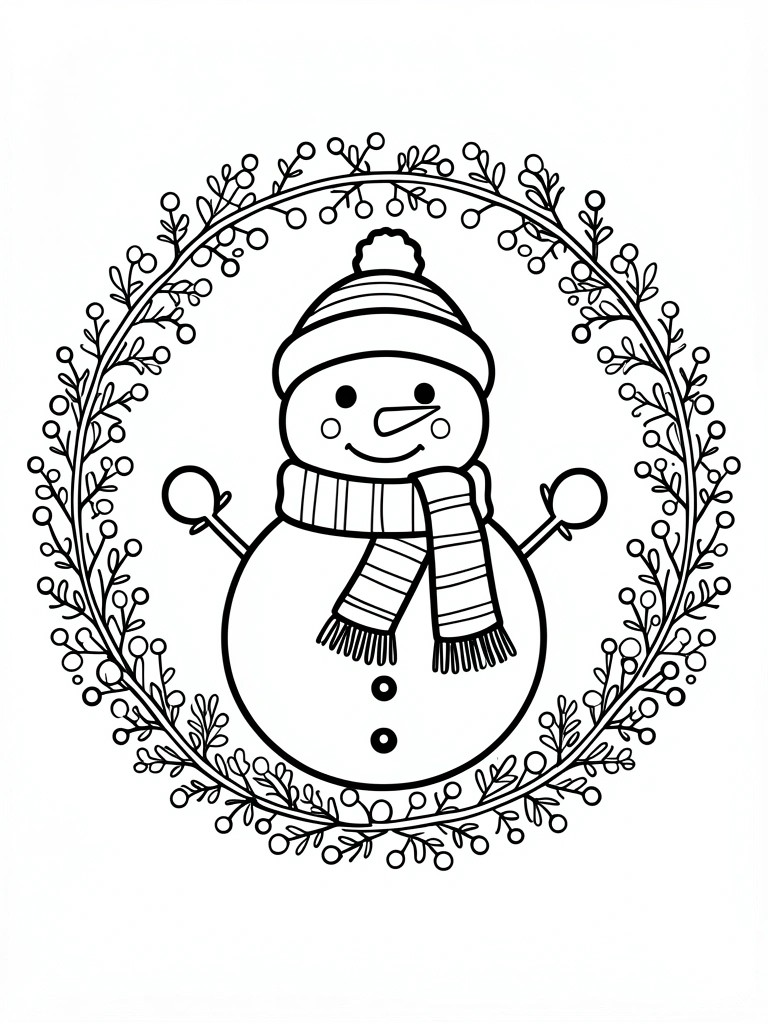 Snowman with striped hat and scarf inside a circular berry wreath.