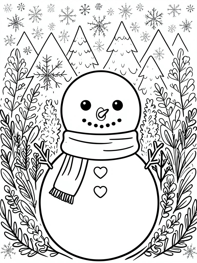 A black and white line drawing of a snowman with scarf and heart buttons centered among trees, mountains, plants, and snowflakes.