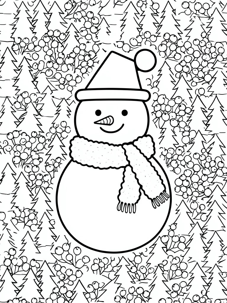 A black and white line drawing of a snowman with hat and scarf in front of pine trees and berry bushes.