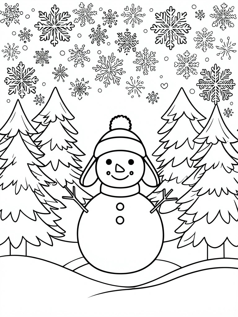 Smiling snowman in hat and scarf amid snow-covered pines with falling snowflakes.